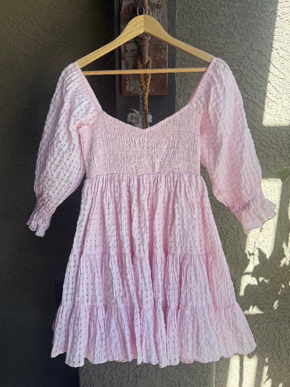 MABLE Pink Smocked Puff Sleeve Textured Check Tiered Babydoll Mini Dress Small - Picture 2 of 16